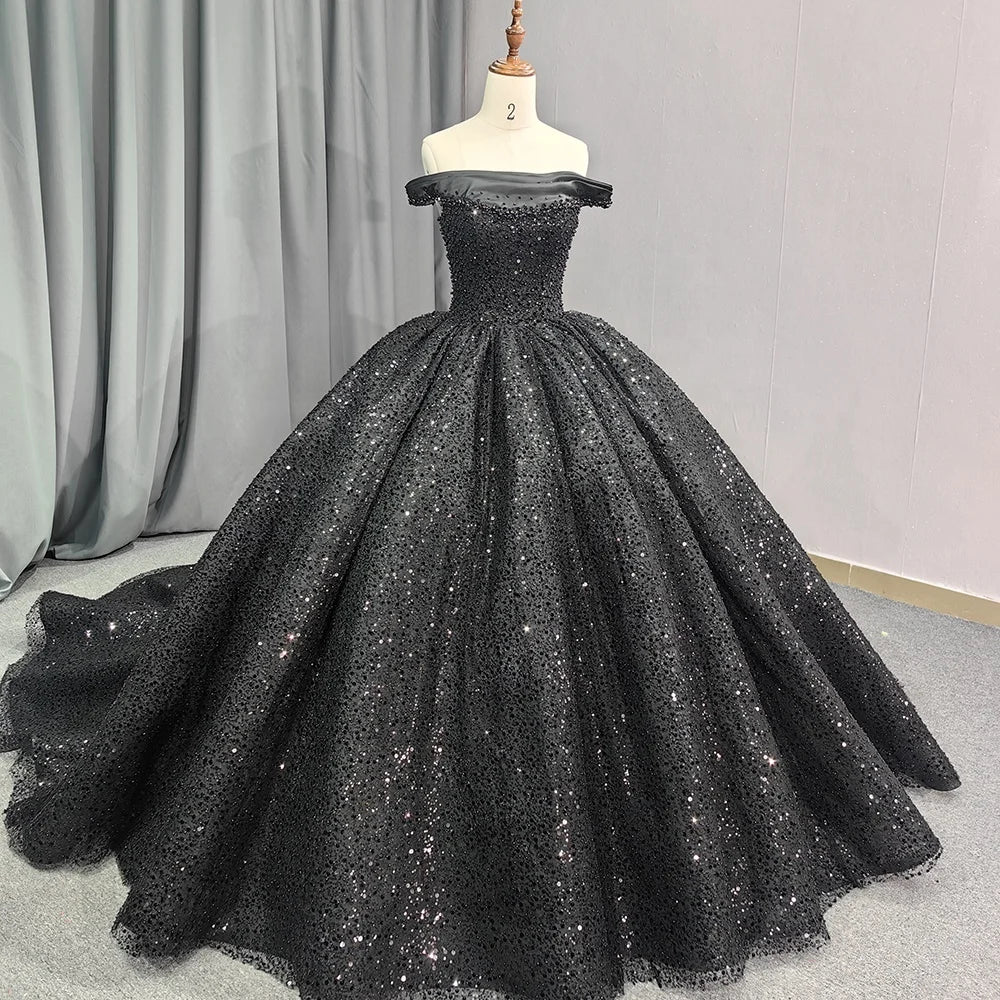 Jancember 6679 Black Off Shoulder Teenage Sequins Birthday Party Formal Quinceanera Dresses.