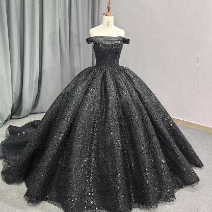 Jancember 6679 Black Off Shoulder Teenage Sequins Birthday Party Formal Quinceanera Dresses.