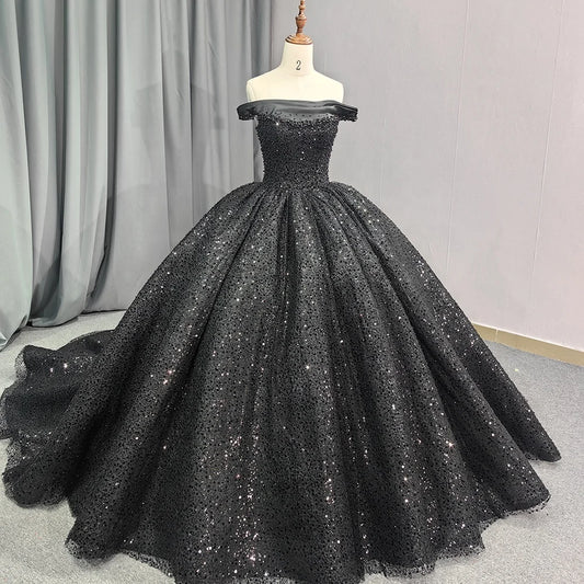 Jancember 6679 Black Off Shoulder Teenage Sequins Birthday Party Formal Quinceanera Dresses.