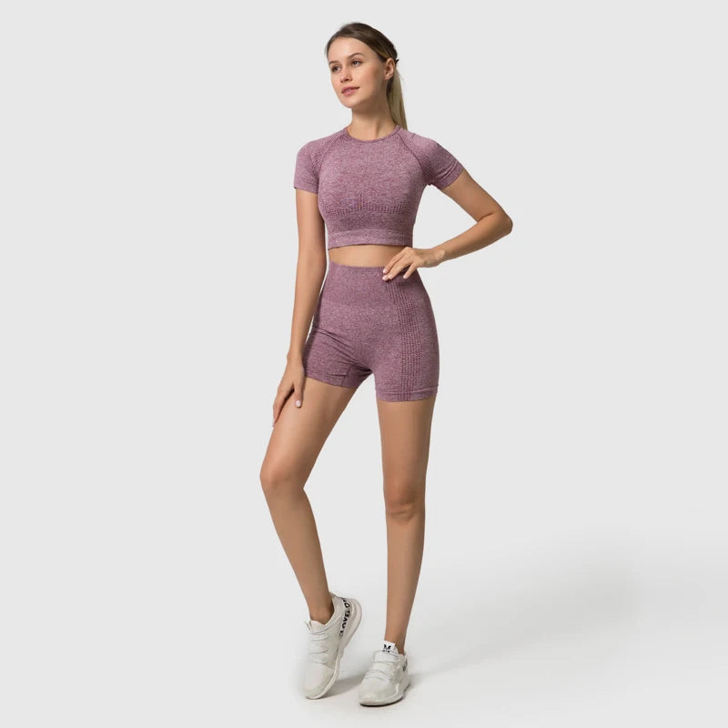 Seamless Women Yoga Set Crop Top Short Sleeve Shirt Fitness Shorts Workout Clothes For Women Gym Clothing Yoga Sport Set