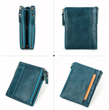 Fashion Genuine Leather Women Wallet Bi-fold Wallets Red ID Card Holder Coin Purse With Double Zipper Small Women's Purse 2022