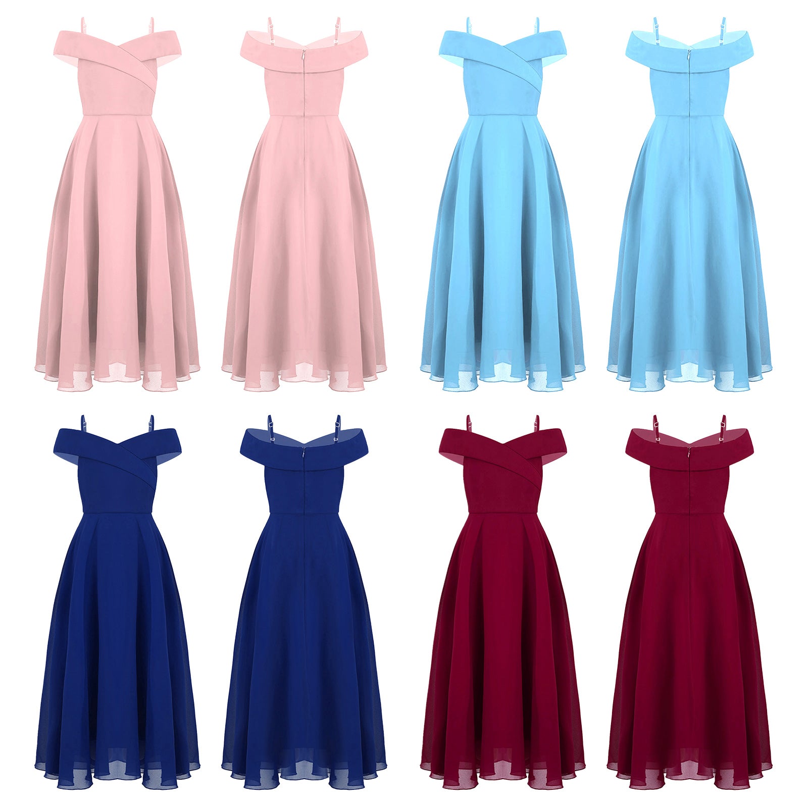Elegantes Chiffon-Partykleid für Mädchen, schulterfrei, verstellbarer Spaghettiträger, bodenlanges Maxikleid für Hochzeit, Geburtstag, Abend.