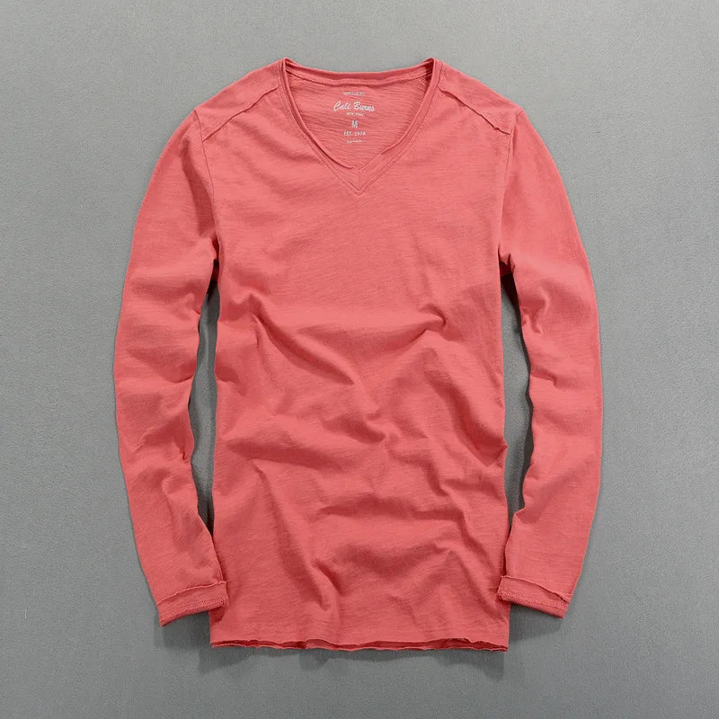 Fashionable Bamboo Cotton Long Sleeve Vintage T-shirts Men Casual Thin Tops Tees Comfortable Tshirt Distressed T-shirt