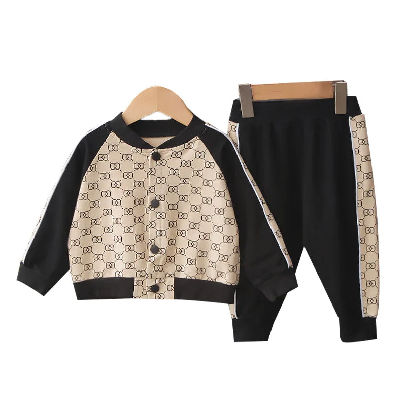 2022 Spring New Suit Boys Girls Baby Print Handsome Single-Breasted Children's Long-Sleeved Baseball Sshirt 2-Piece Set.