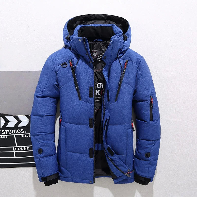 Customized logo Men's White Duck Down Jacket, Warm Hooded Thick Pufferfish Jacket, Men's Casual Coat, Warm Canadian Winter.