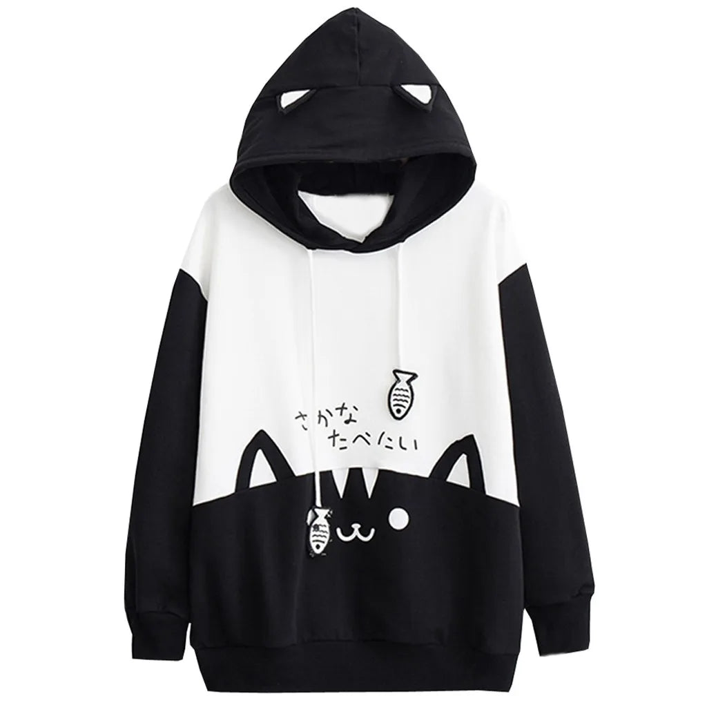 Spring Ladies Long Sleeve Cat Sweatshirt Womens Casual Kitty Cat Print Pocket Thin Hoodie Blouse Top Shirt худи женское платье.