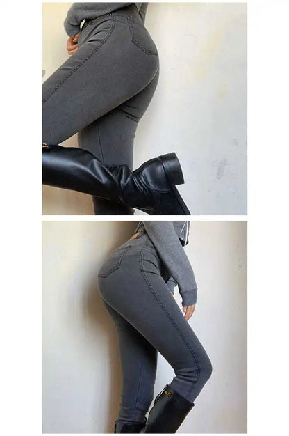 Classic Vintage Buttocks Black Gray Jeans for Women High Elastic Mom Jeans Female Washed Stretch Denim Pencil Pants clothes 40.