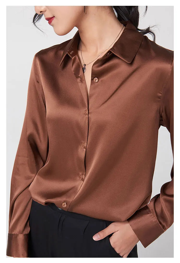 Woman Silk Shirt Long-sleeved Satin Women Blouse 19mm Mulberry Silk Blouse Loose Versatile Base Shirt 95% Natural Silk+5%Spandex.