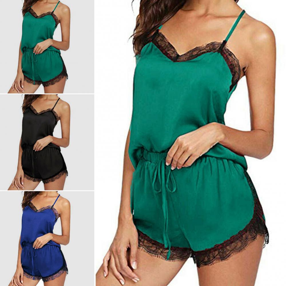 Heißer verkauf damen sommer sexy seide spitze einfarbig pyjamas leibchen top shorts haut-freundliche hause unterwäsche pyjamas set einzelhandel.