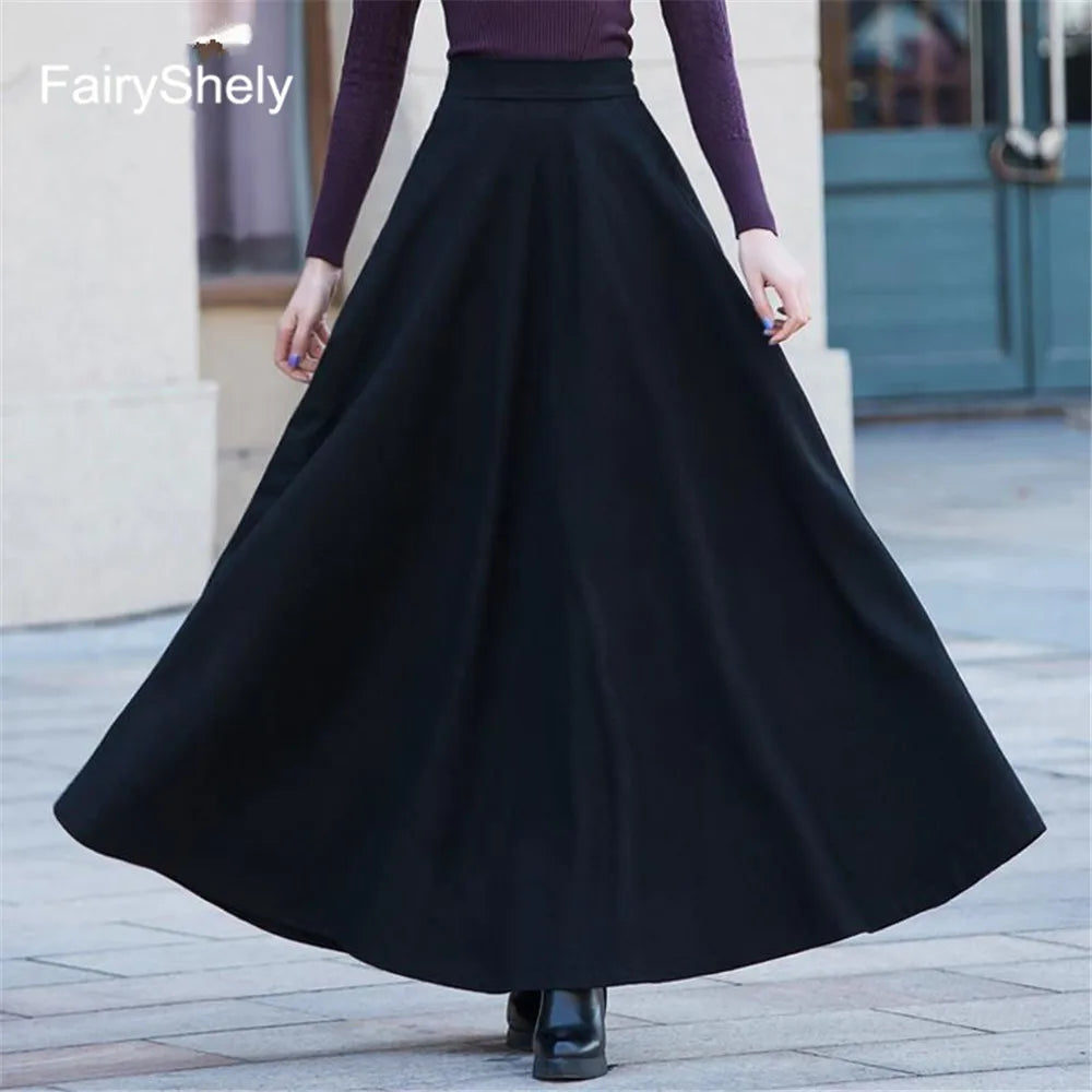 FairyShely Vintage Pleated Long Skirt Women 2025 Autumn Winter Woolen High Waist Black Skirts Female Flare Pocket.