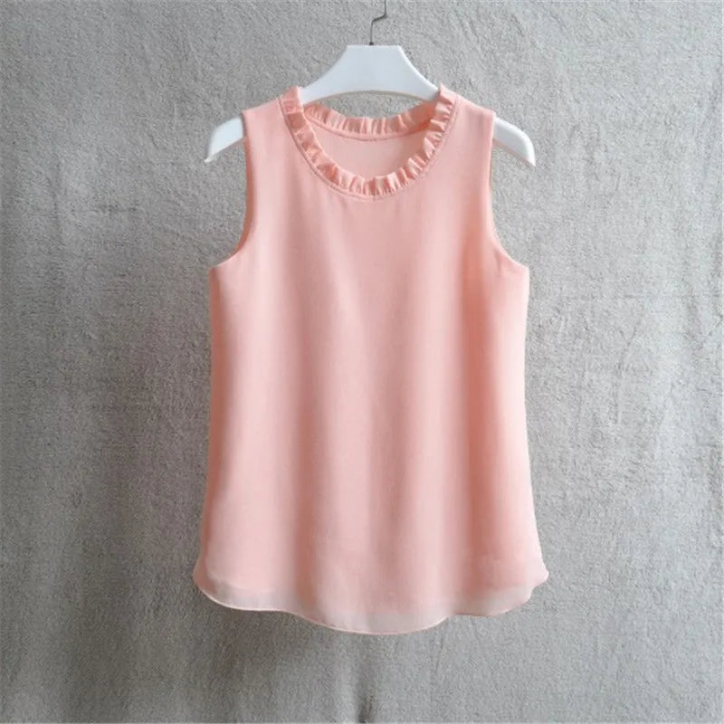 Woherb 21 Farben Feste Rüschen Chiffon Bluse Frauen 2025 Sommer Mode Weste Blusas Casual Lose Ärmellose Damen Tops Shirt