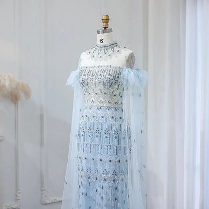 Jancember SZ096 Wholesale Illusal Lace Long Gown Women Party Plus Size Fashion Elegant Light Blue Evening Dress.