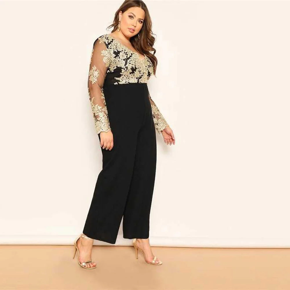 Wide Leg Casual Overalls Sexy Women V-Neck Elegant Lace Straight Party Jumpsuit Romper.