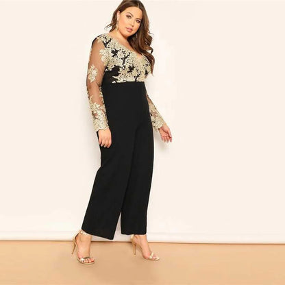 Wide Leg Casual Overalls Sexy Women V-Neck Elegant Lace Straight Party Jumpsuit Romper.