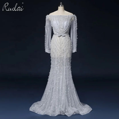 PEV-L3058 Luxury Heavy Beaded Party Gowns See Through Long Sleeve Customized Sexy Off Shoulder Evening Dress From Istanbul.