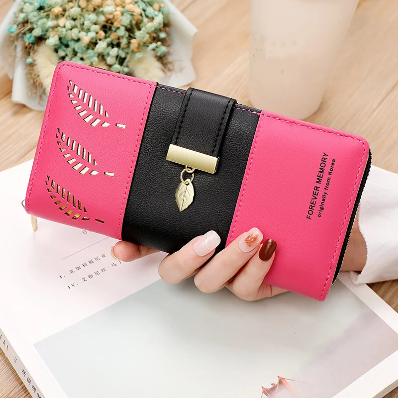 Hollow Leaves PU Leather Women's Long Wallet Fashion Female Coin Purses Hasp Zipper Clutch ID Credit Card Holders Money Bag Clip