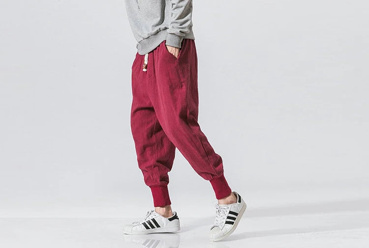 Cotton Linen Harem Pants Men Solid Elastic Waist Streetwear Joggers New Baggy Drop-crotch Pants Casual Trousers Men.