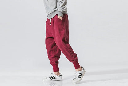 Cotton Linen Harem Pants Men Solid Elastic Waist Streetwear Joggers New Baggy Drop-crotch Pants Casual Trousers Men.