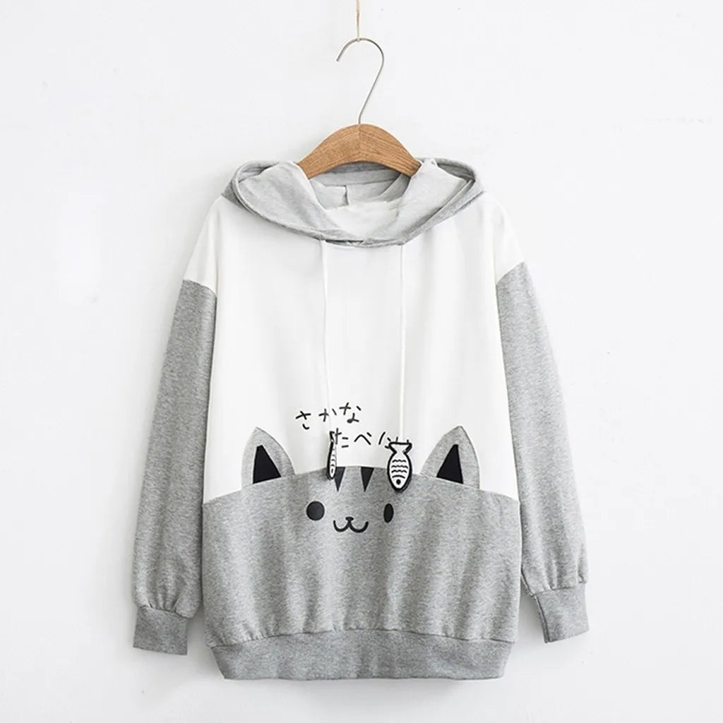 Spring Ladies Long Sleeve Cat Sweatshirt Womens Casual Kitty Cat Print Pocket Thin Hoodie Blouse Top Shirt худи женское платье.