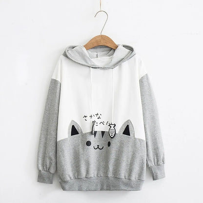 Spring Ladies Long Sleeve Cat Sweatshirt Womens Casual Kitty Cat Print Pocket Thin Hoodie Blouse Top Shirt худи женское платье.