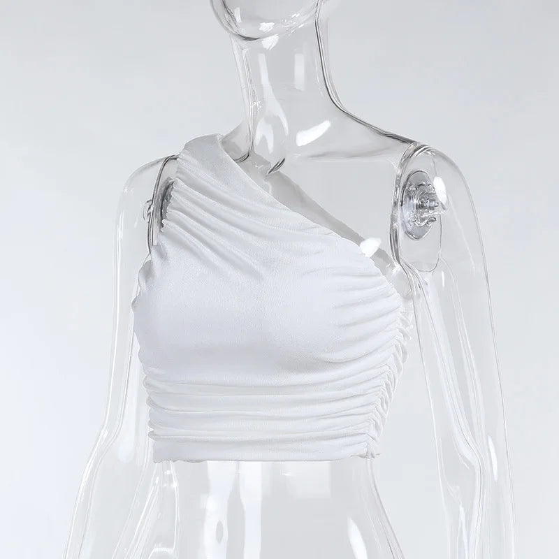 White Tank Top For Women Ruched One Shoulder Crop Top Female Elegant Summer Tops Holiday Beach Cami Top Y2K 2000s.