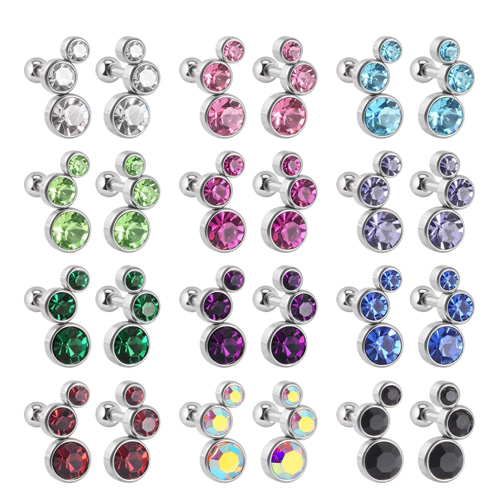 2PCS 361 Surgical Steel Crystal  Ear Tragus Cartilage Earrings 16G Three Zircon Lobe Helix Daith Earring Piercing Body Jewelry.