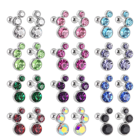 2PCS 361 Surgical Steel Crystal  Ear Tragus Cartilage Earrings 16G Three Zircon Lobe Helix Daith Earring Piercing Body Jewelry.
