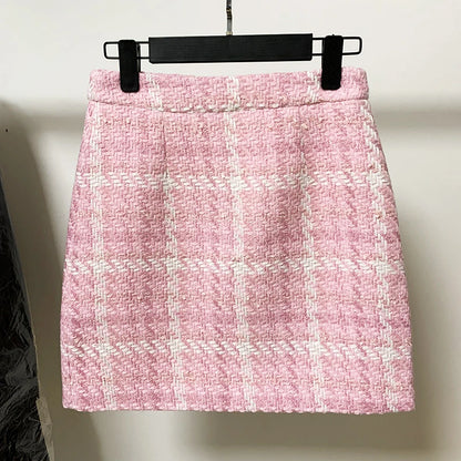 HIGH STREET Newest Fashion 2025 Designer Pink Skirts Women's Sweet Wool Blends Colors Woven Plaid Tweed Skirt.