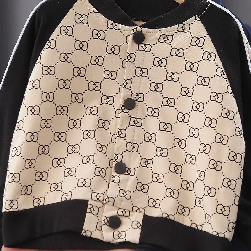 2022 Spring New Suit Boys Girls Baby Print Handsome Single-Breasted Children's Long-Sleeved Baseball Sshirt 2-Piece Set.