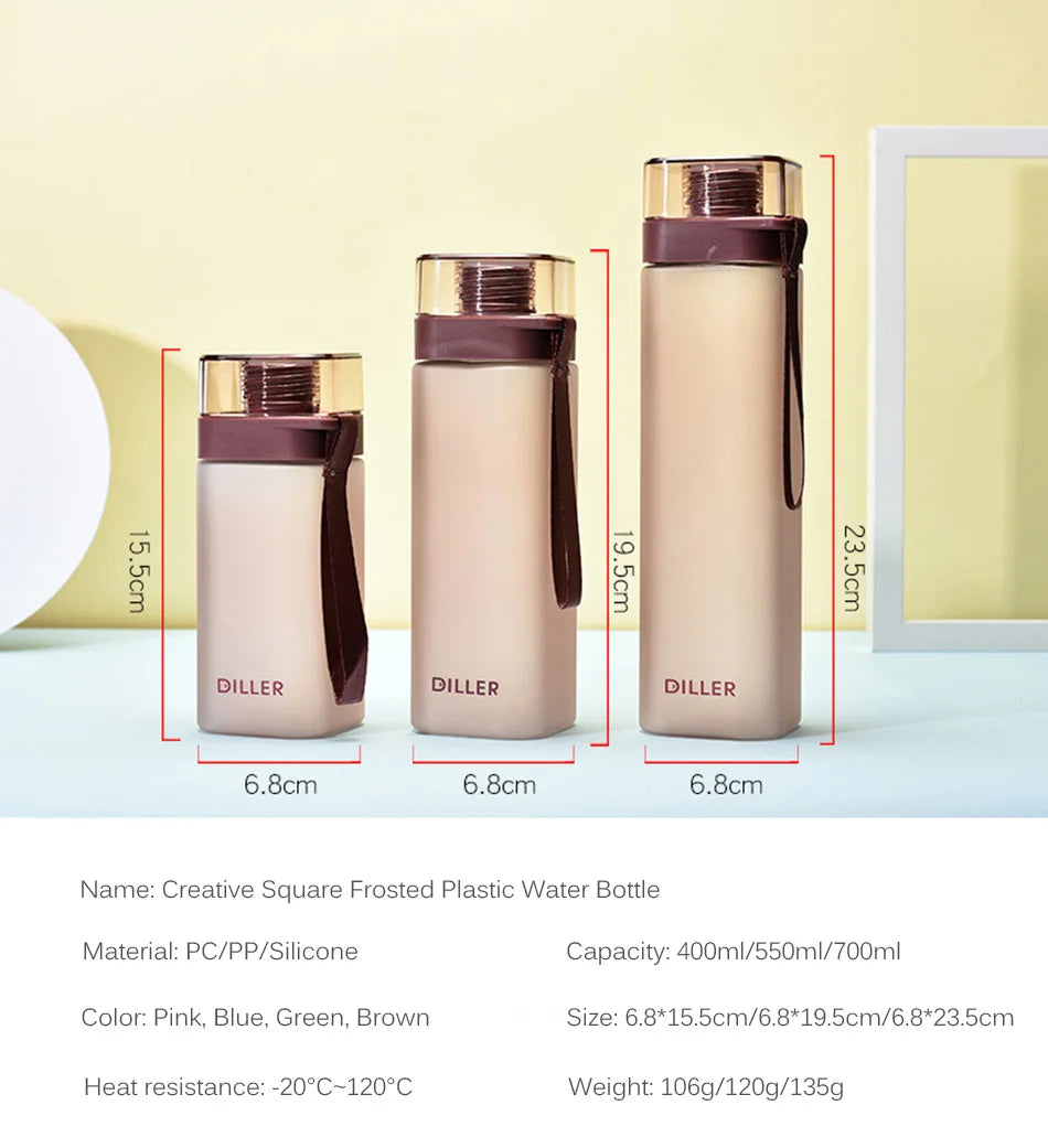 Fashion Square Frosted Plastic Water Bottle Portable Leakproof Transparent Gym Bottle Outdoor Sport Direct Drinking Cup BPA Free.