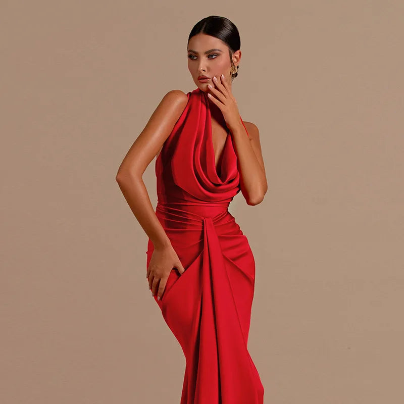 Sexy Swinging Collar Backless Pleated Long Dress Women Red Stain Sleeveless Draped Design Long Dress Club Party Women Maxi Dress.