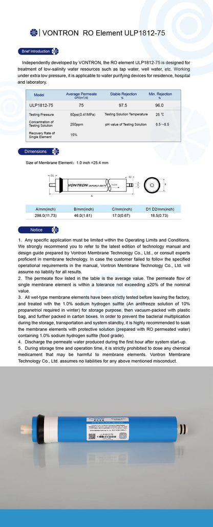 VONTRON Reverse Osmosis RO Membrane 75GPD / 100GPD Replacement Water Filter System Purifier Drinking  ULP1812-75 / ULP2012-100.