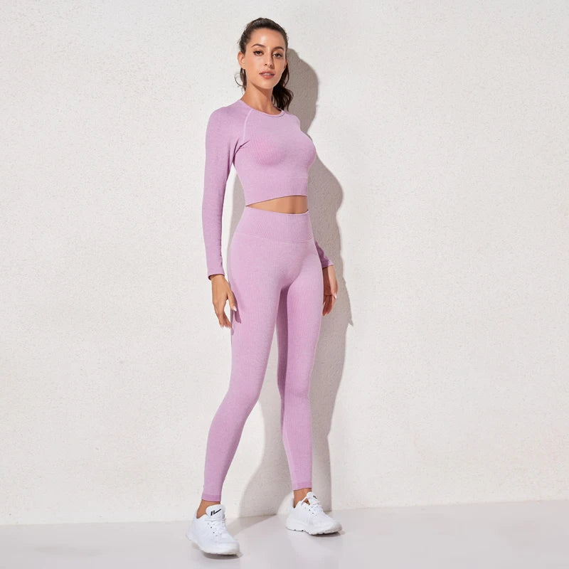 Women's Sportswear Yoga Set Workout Clothes Athletic Wear Sports Gym Legging Seamless Fitness Bra Crop Top Long Sleeve Yoga Suit
