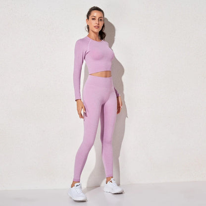 Women's Sportswear Yoga Set Workout Clothes Athletic Wear Sports Gym Legging Seamless Fitness Bra Crop Top Long Sleeve Yoga Suit