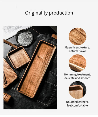 Acacia Wood Serving Tray Saucer Tea Tray Dessert Dinner Plate Tableware Set Japanese Snacks Food Rectangular Plate Storage Dish.