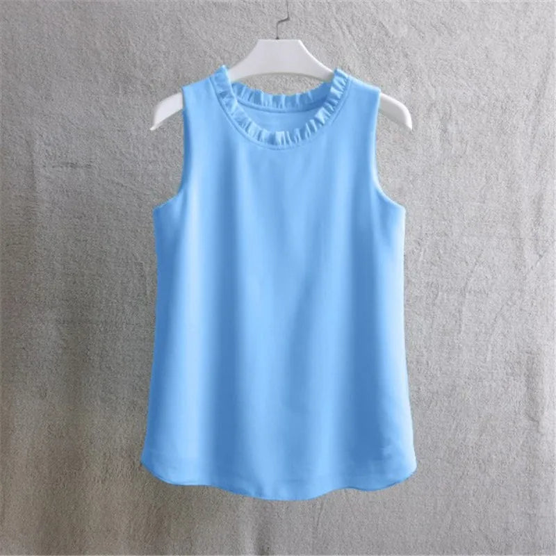 Woherb 21 Farben Feste Rüschen Chiffon Bluse Frauen 2025 Sommer Mode Weste Blusas Casual Lose Ärmellose Damen Tops Shirt