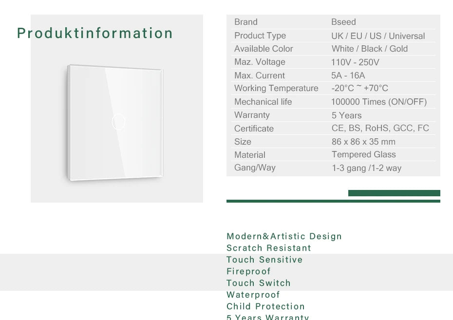 BSEED 1/2/3Gang Touch Licht Schalter Glas Panel 2Way Wand Schalter Led Ändern Schalter Blaue Hintergrundbeleuchtung EU Steckdosen USBC Port.