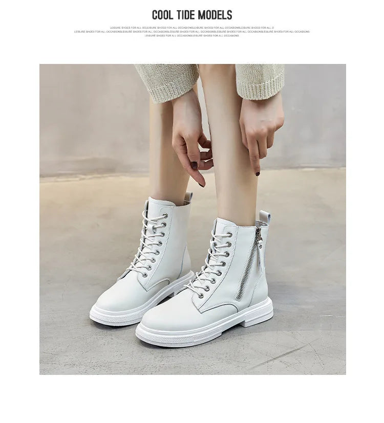 WOIZGIC Women's Ladies Genuine Leather Female Shoes Ankle Boots Platform Lace Up Warm Winter Autumn Fur Plush Motorcycle.