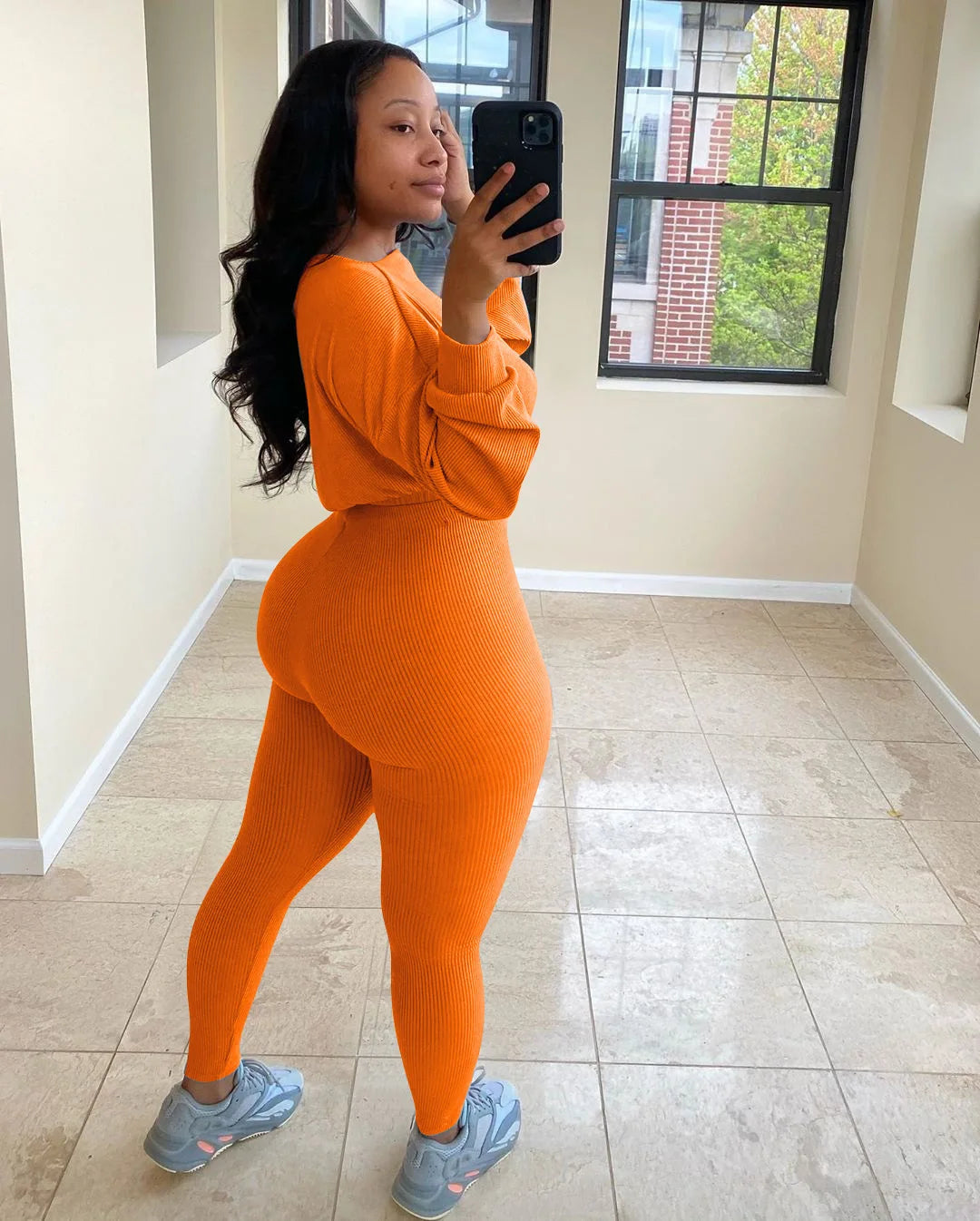 Letter Printed Embroidery Women Two Piece Ribbed Tracksuits Fall Spring Long Sleeve Sweatshirt and Skinny Pants Set.