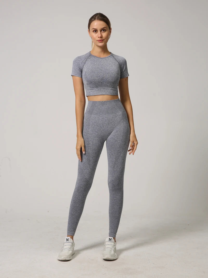 WAREBALL Seamless Yoga Set Women Workout Gym Clothes Fitness Short Sleeve Crop Top Shirt High Waist Leggings Pants Sports Suits.