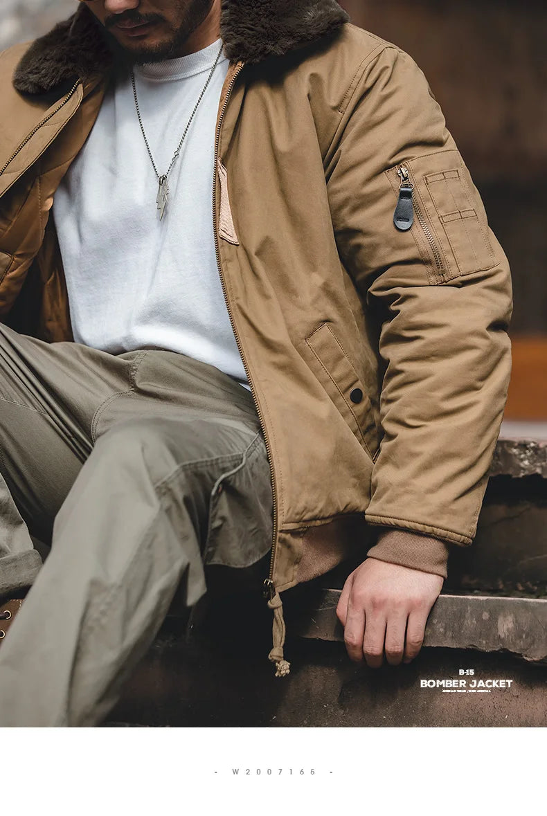 Maden Vintage B15 Bomber Jacket for Men Faux Rabbit Fur Lapel Signature Arm Pocket Winter Thickened Warm Windproof Coat Parkas.