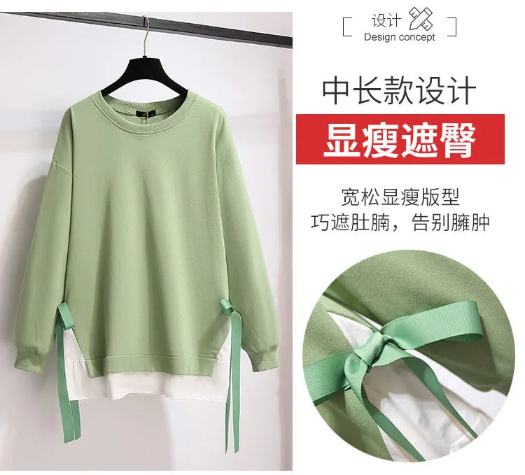 150Kg Plus Größe frauen Herbst Lose Oansatz Sweatshirts Fehlschlag 157cm 6XL 7XL 8XL 9XL 10XL Beiläufige Lange-ärmeln Gefälschte Zwei-stück Top.