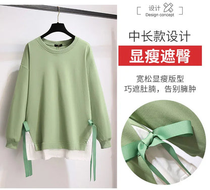 150Kg Plus Größe frauen Herbst Lose Oansatz Sweatshirts Fehlschlag 157cm 6XL 7XL 8XL 9XL 10XL Beiläufige Lange-ärmeln Gefälschte Zwei-stück Top.