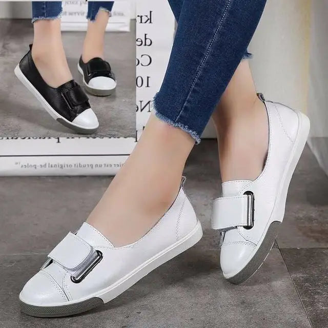 WOIZGIC Women Ladies Female Student Genuine Leather Casual Shoes White Flats Korean Vulcanized Shoes Spring 35-41 DF-YC259.