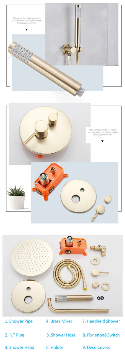 Brushed Gold Shower Faucets Set Rainfall Shower System Concealed Hot Cold Water Mixer Tap Bathroom Round Shower Faucet