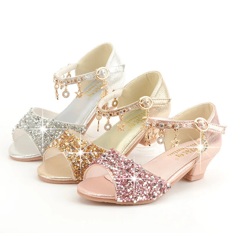 Girls Sandals Children Crystal Shoes 2023 Summer Kids Glitter Shoes High Heels Sequined Rhinestone Pendants Open Toes Princess.