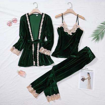 Green Velour Pajama Suit Women 2PCS Robe Nightgown Set Sleepwear Lady Winter Velvet Warm Lace Folwer Kimono Bathrobe Gown M-XL.