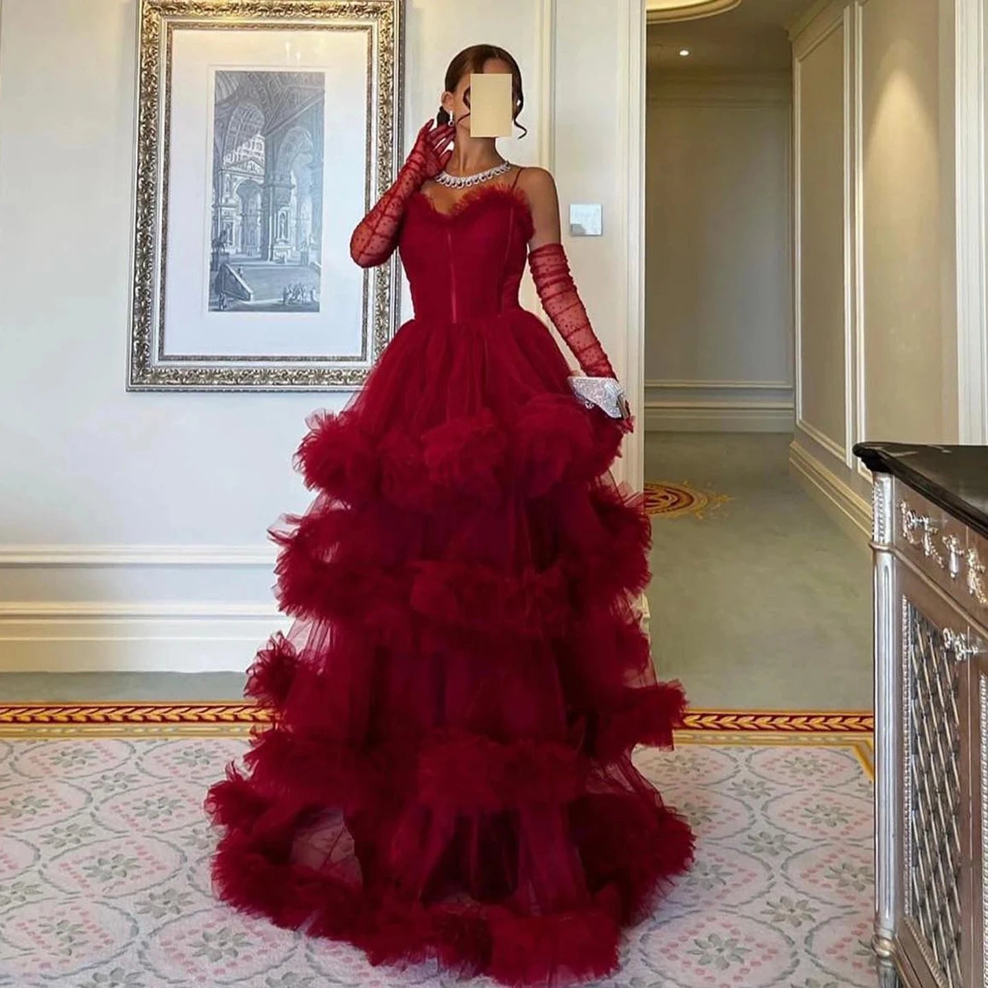 Arabic Burgundy Tulle Tiered Ruffles Evening Dresses With Gloves Pink Spaghetti Straps Wedding Party Gowns SF049-2.