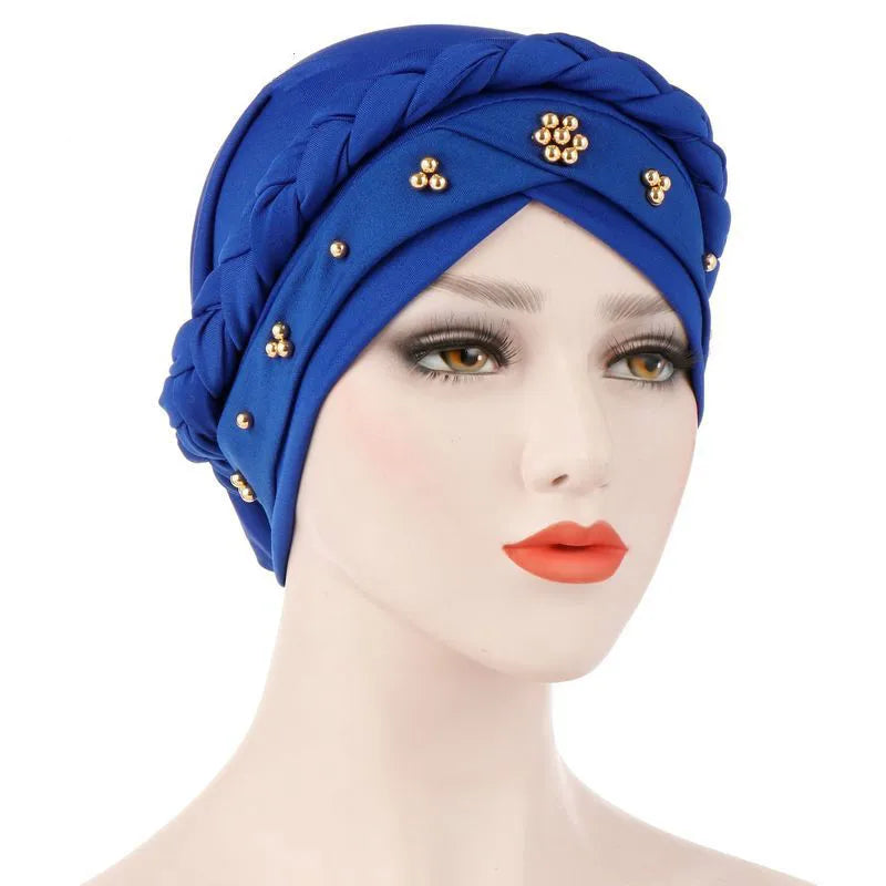KepaHoo Women Hair Care Islamic Jersey Head Scarf Milk Silk Muslim Hijab Beads Braid Wrap Stretch Turban Hat Chemo Cap Head Wrap.