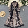 2025 Spring Vintage Stand Collar Tunic Casual Midi Dress For Women Lantern Sleeve Empire Printed Lace Dress.
